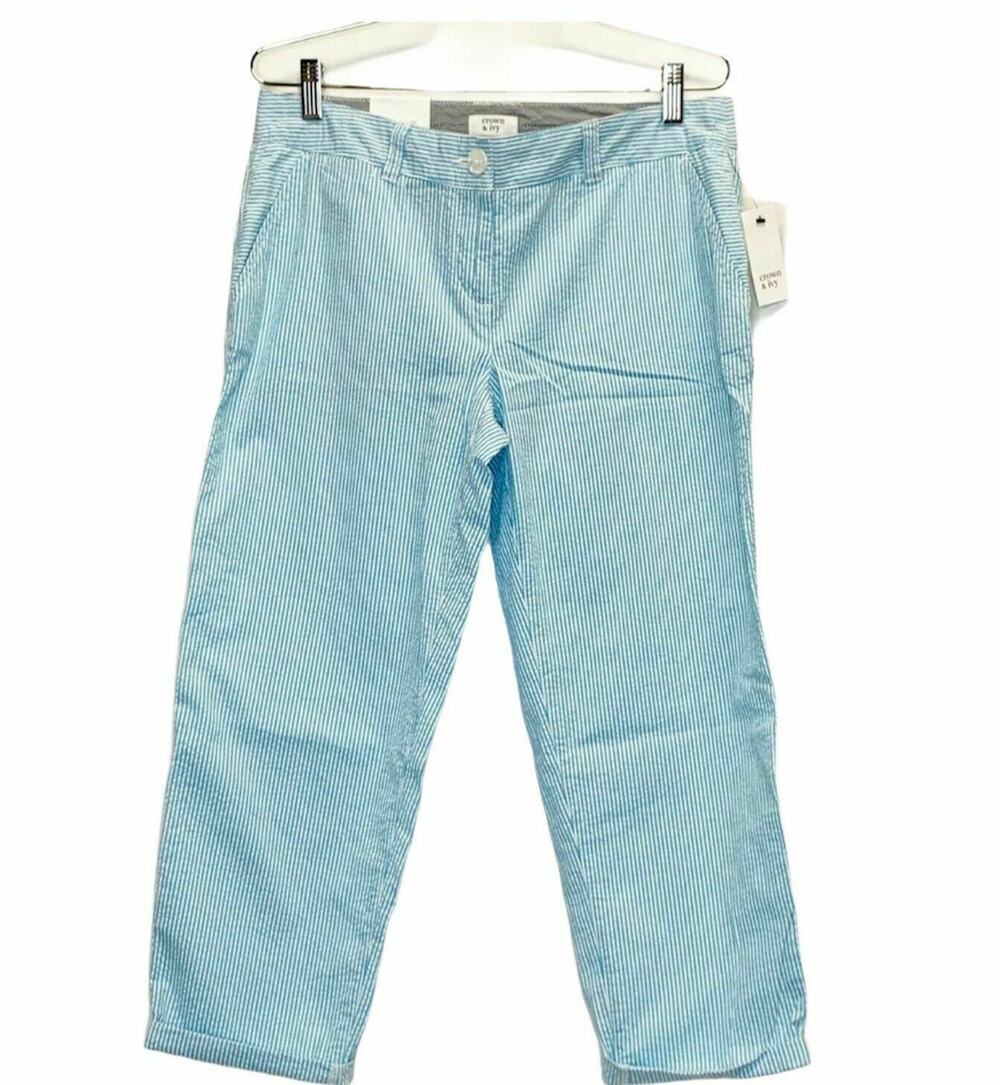 Crown & Ivy Slim Fit blue sz 4 chino straight ankle Pants Striped flat cropped